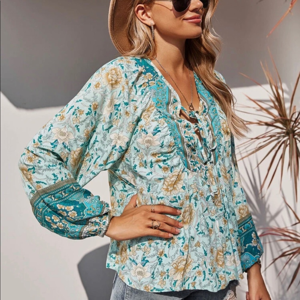 Bohemian pink Gypsy Floral Print Blouse Top - Picture 10 of 10
